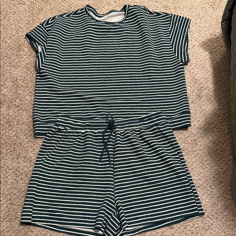 Striped Short Sleeve Top & Shorts Lounge Set - Green/White